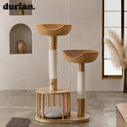 durian. Natural wood and rattan cat tower with integrated cat bed and scratching post. Natural style.