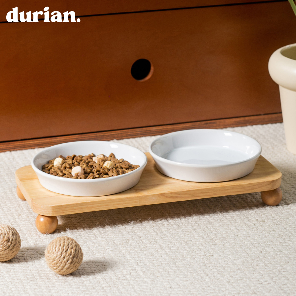 durian double bowl with wooden stand