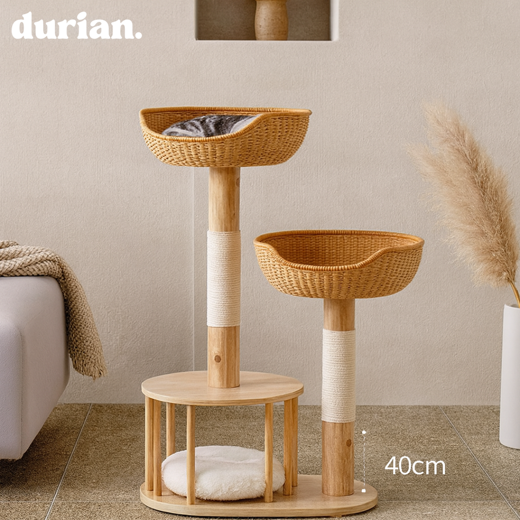 durian. Natural wood and rattan cat tower with integrated cat bed and scratching post. Natural style.