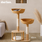 durian. Natural wood and rattan cat tower with integrated cat bed and scratching post. Natural style.