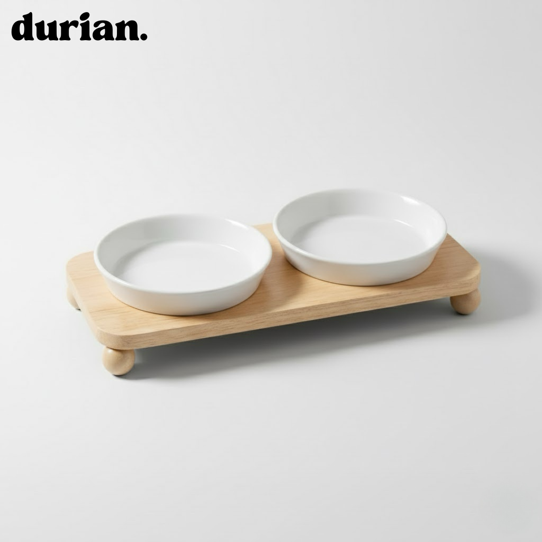 durian double bowl with wooden stand