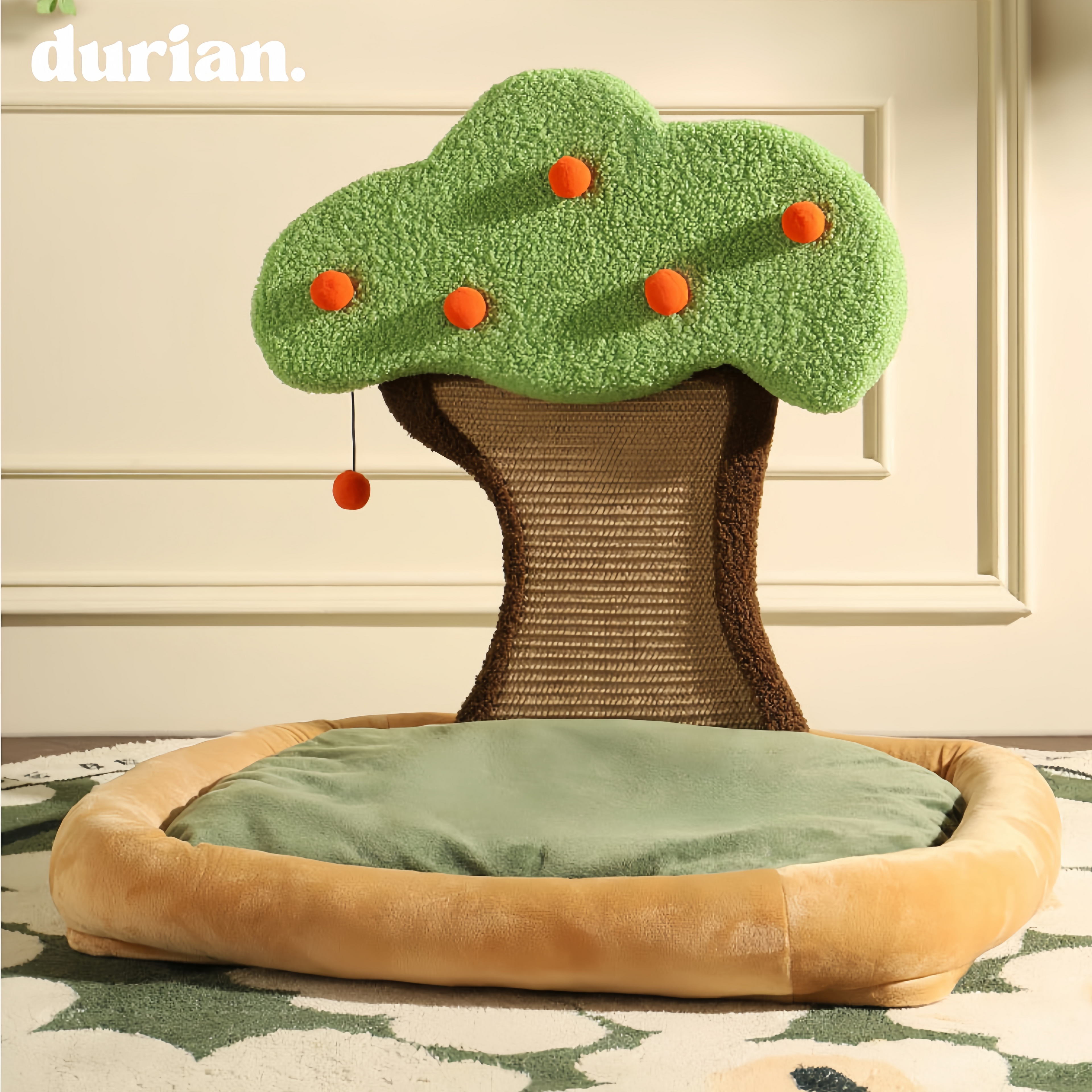 Durian Persimmon Tree Design Cat Scratching Bed | Pet Interior Kenneth Fabric Stylish Cat House