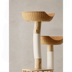 durian. Natural wood and rattan cat tower with integrated cat bed and scratching post. Natural style.