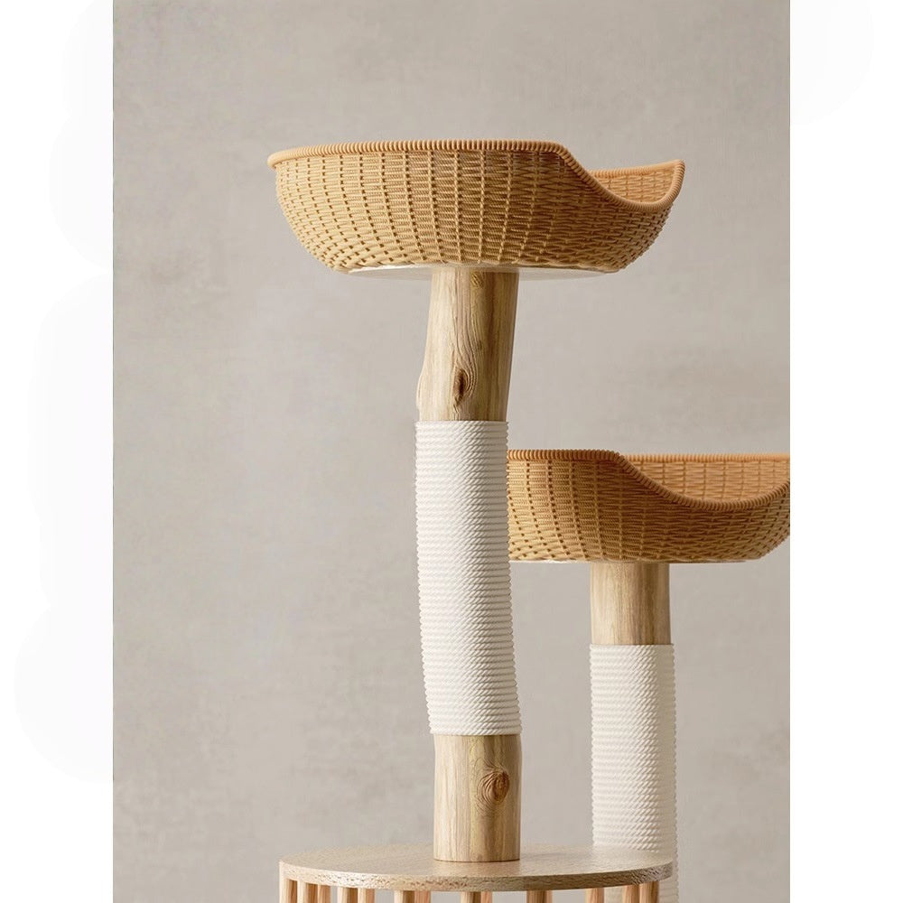 durian. Natural wood and rattan cat tower with integrated cat bed and scratching post. Natural style.