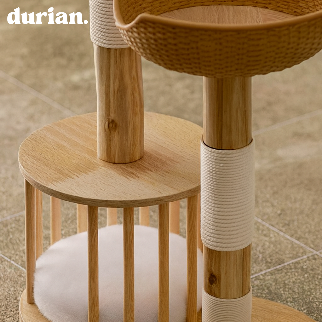 durian. Natural wood and rattan cat tower with integrated cat bed and scratching post. Natural style.