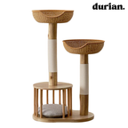 durian. Natural wood and rattan cat tower with integrated cat bed and scratching post. Natural style.