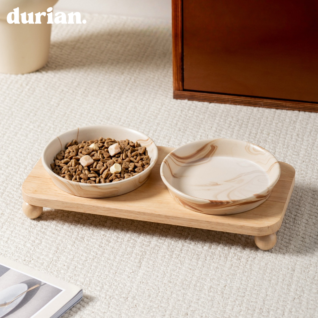 durian double bowl with wooden stand