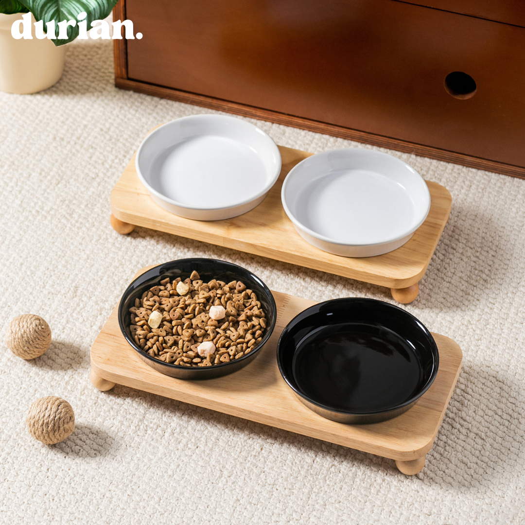 durian double bowl with wooden stand