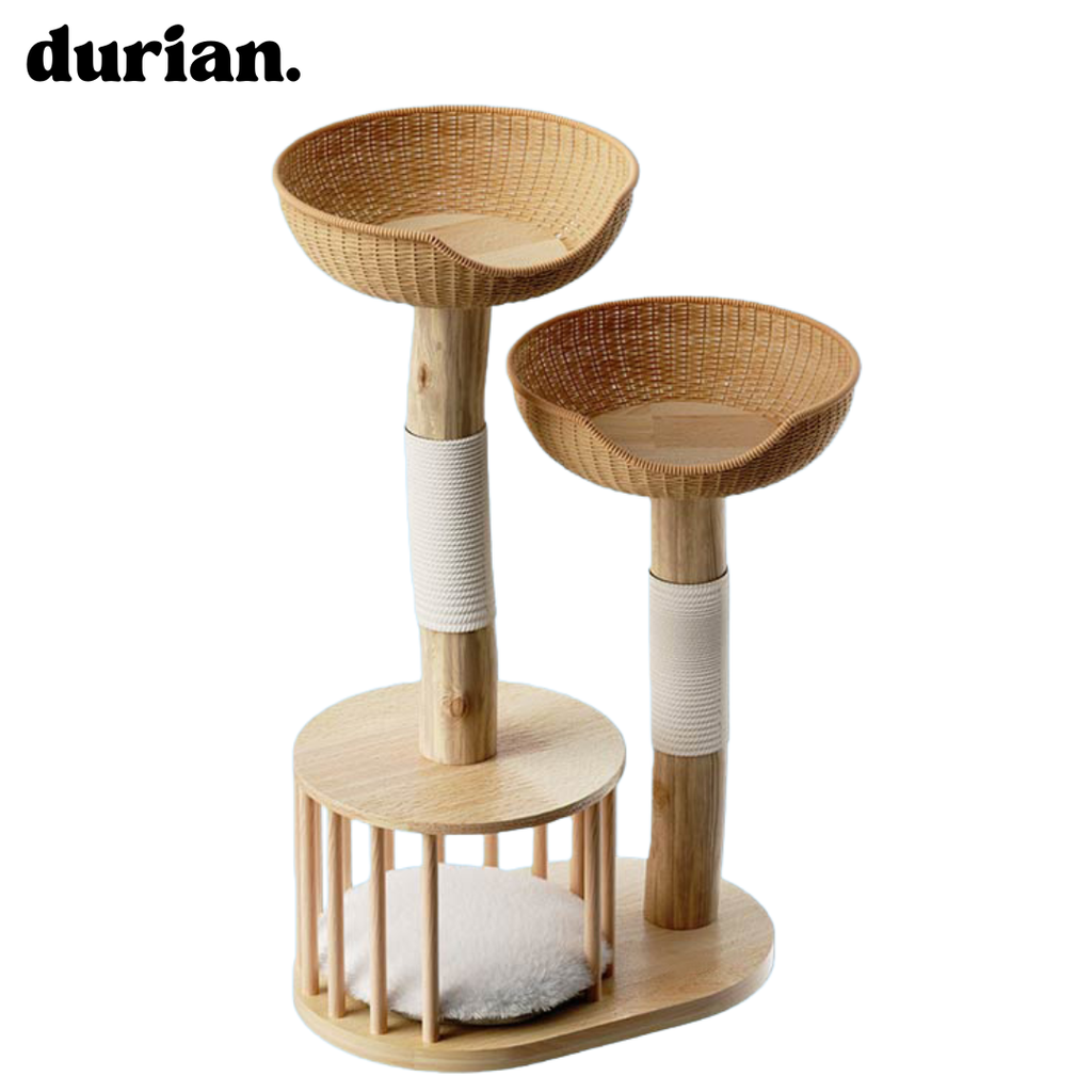 durian. Natural wood and rattan cat tower with integrated cat bed and scratching post. Natural style.