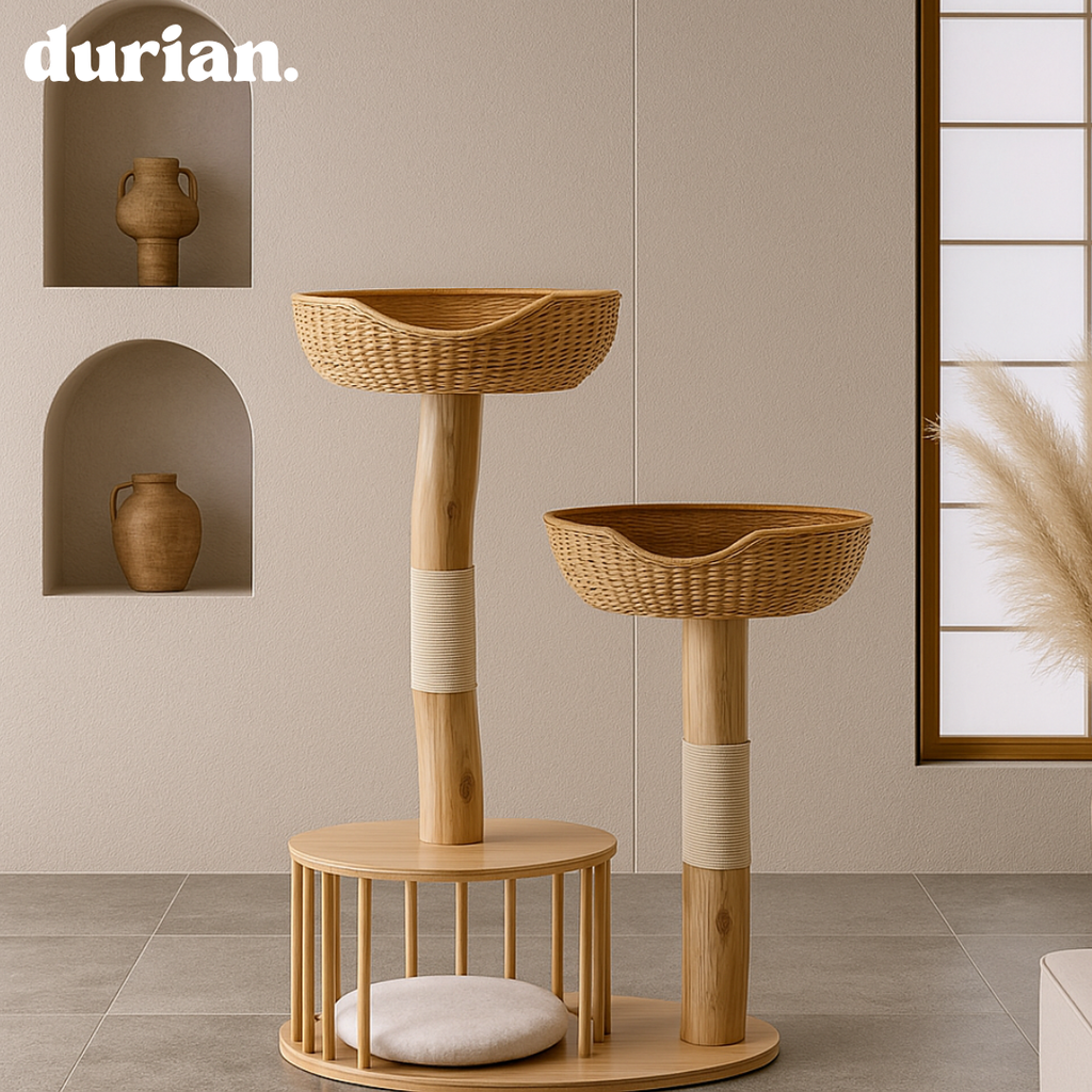 durian. Natural wood and rattan cat tower with integrated cat bed and scratching post. Natural style.