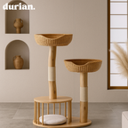 durian. Natural wood and rattan cat tower with integrated cat bed and scratching post. Natural style.