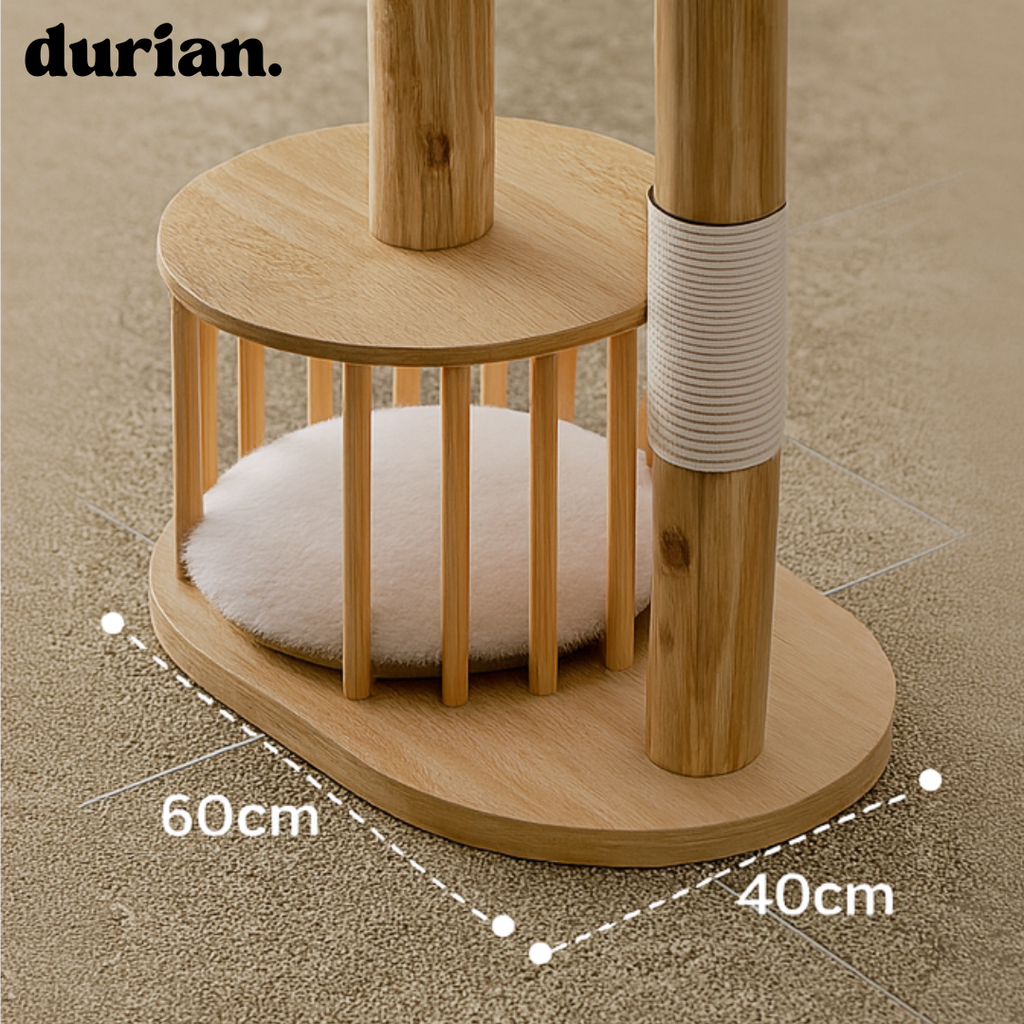 durian. Natural wood and rattan cat tower with integrated cat bed and scratching post. Natural style.