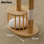 durian. Natural wood and rattan cat tower with integrated cat bed and scratching post. Natural style.