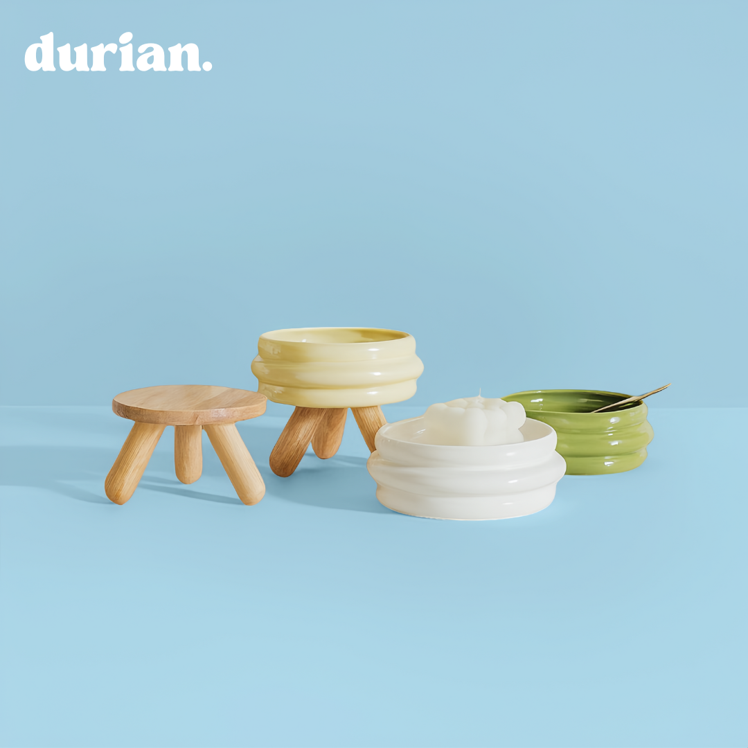 durian. Ceramic Pet Food Bowl with High Legs | For Cats and Dogs, Includes Food and Water Bowl Stand