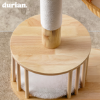 durian. Natural wood and rattan cat tower with integrated cat bed and scratching post. Natural style.