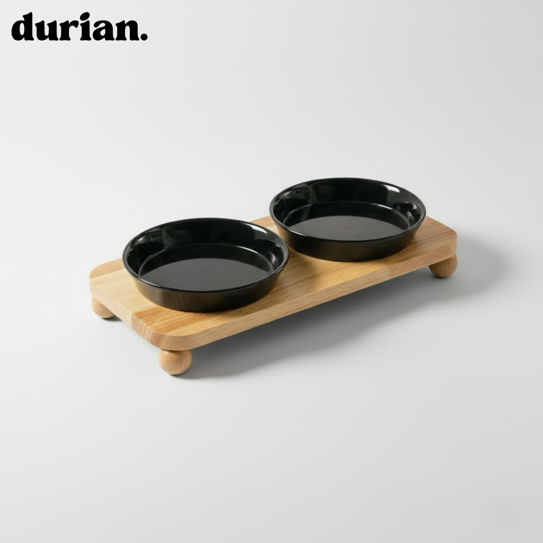 durian double bowl with wooden stand